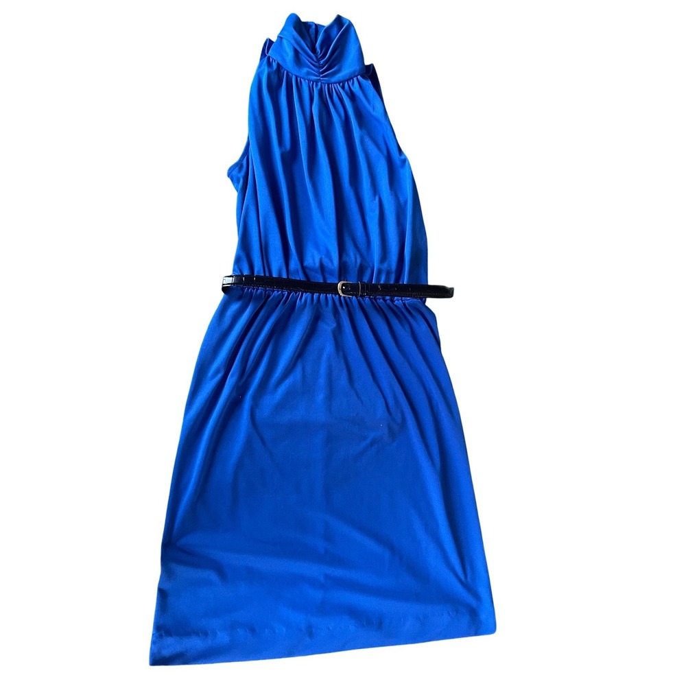 Vintage Royal Blue High Neck Ruched Midi Dress with Belt Sleeveless Cocktail